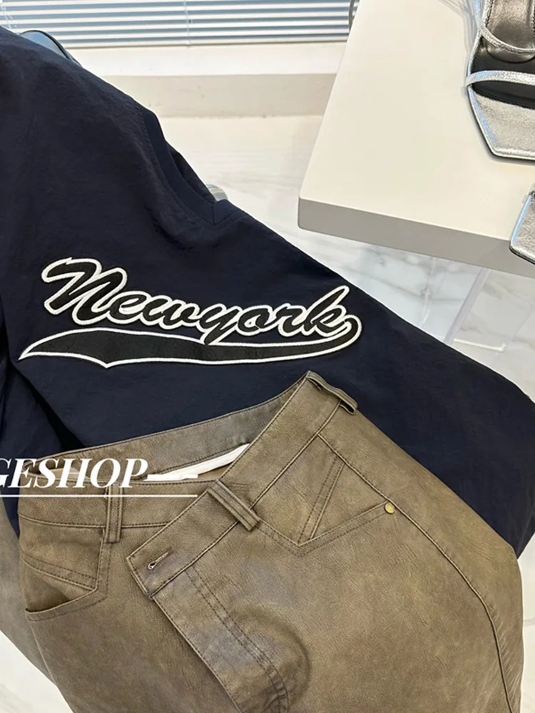 هودي نسائي بتطريز حروف أمريكية، فضفاض برباط وياقة على شكل V، تصميم عصري وأنيق بأكمام طويلة #1