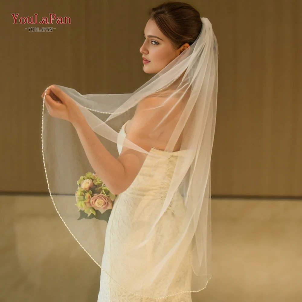 YouLaPan Wedding Veil with Crystal Edge Elbow Length Bridal Veil Pearl Beaded Eleglant 1 Tier Veils for Christian Church V197