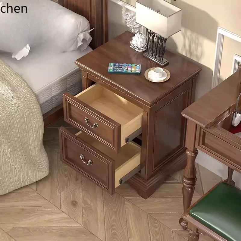 HYS Solid Wood Bedside Table Bedroom Storage Cabinet Modern Bedside Storage Cabinet Three Drawers Walnut Color
