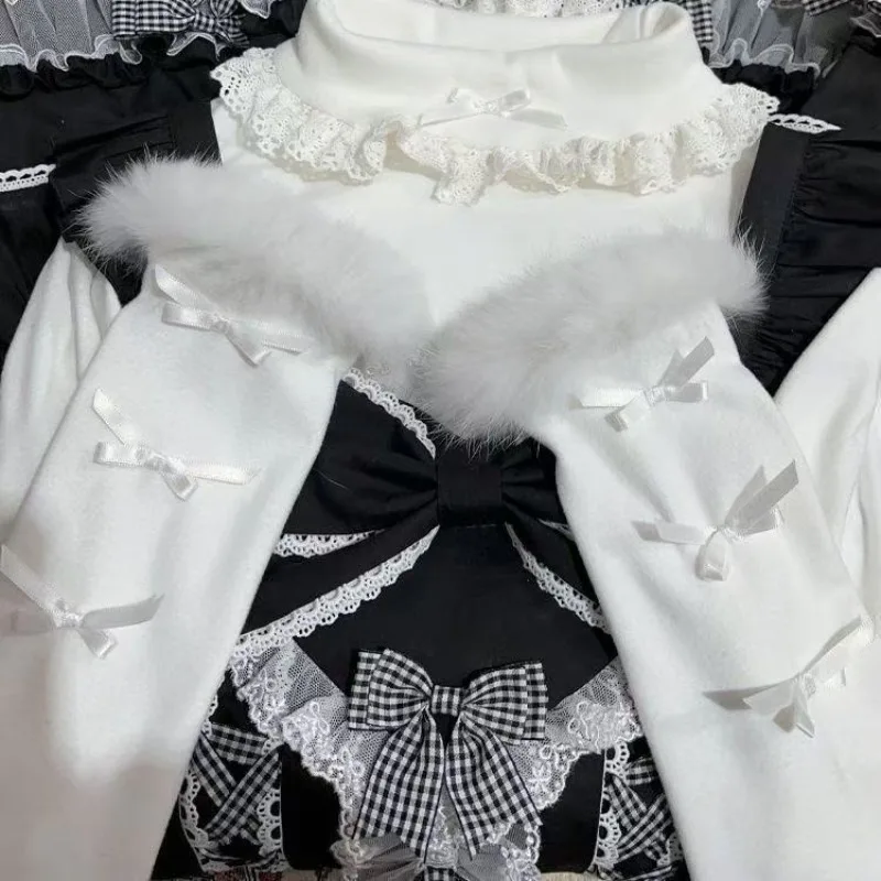 Camicetta giapponese rosa Lolita Kawaii donna O-collo bianco coreano dolce camicetta carina manica lunga principessa camicetta elegante inverno 2023