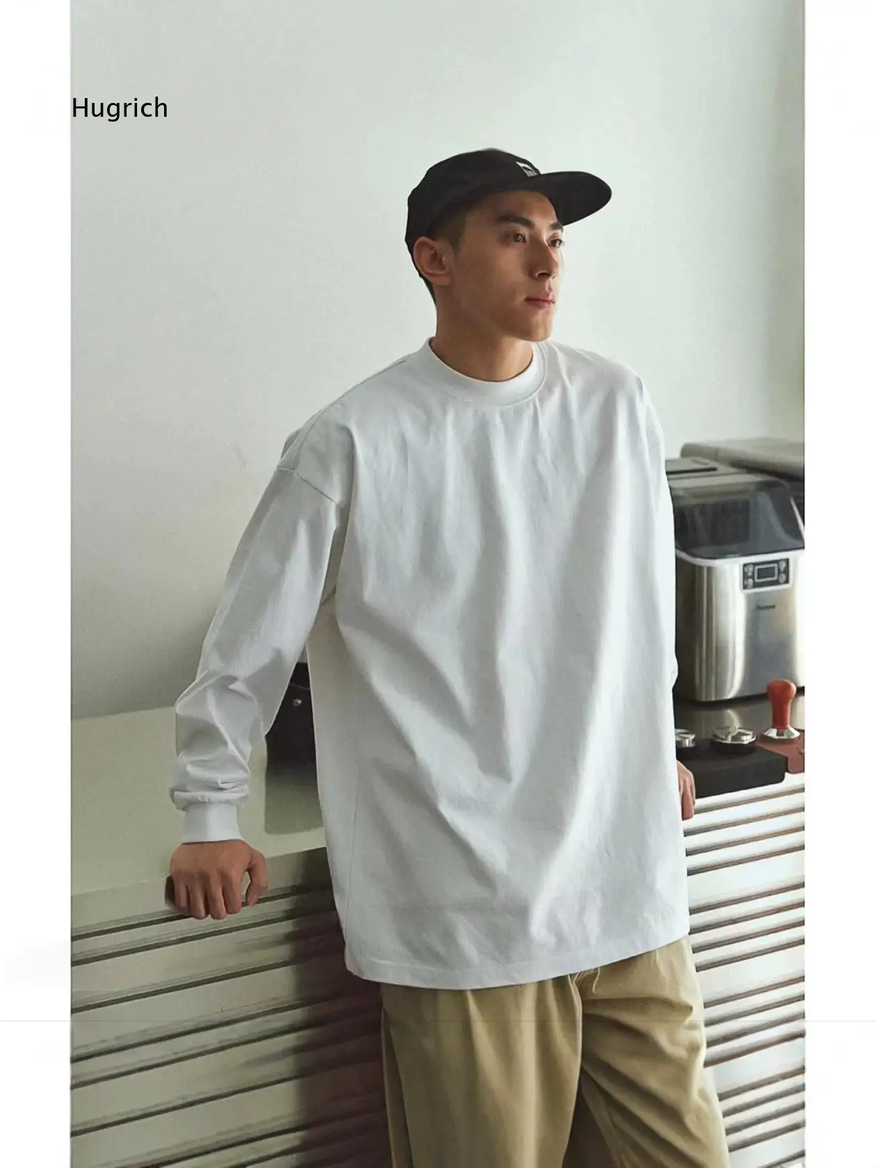 Mens White 300 Gram Heavy Weight Long Sleeve Pure Cotton T Shirt For Autumn American Crew Neck Loose Solid Color Top For Inner