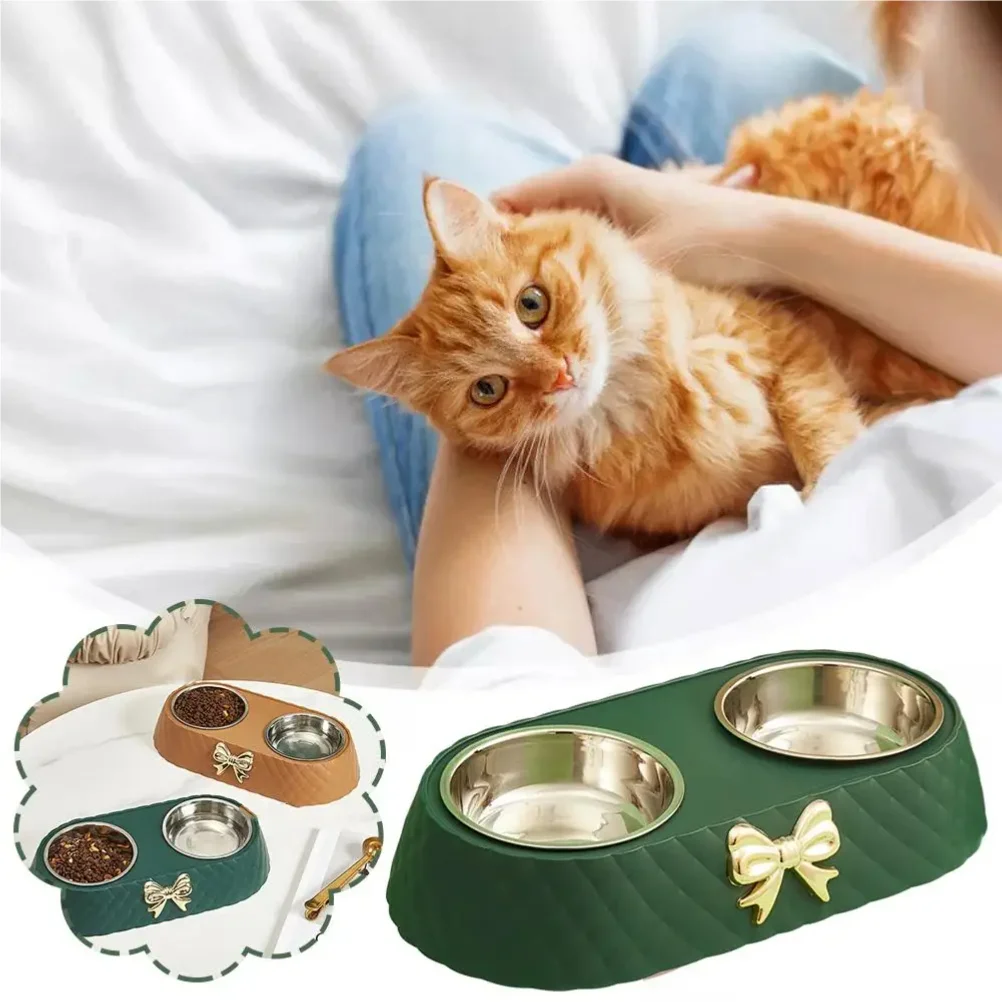 1Set Steel Double Dog Bowl Non-slip Bow Anti Spill Pet Bowl Sturdy Rust-resistant Pet Basin Feeder
