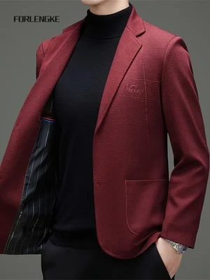FORLENGKE Men Embroidery Blazer Jacket Casual Slim Fit Suit Coat Male Autumn Daily Outerwear Single Breasted Stylish Overcoat