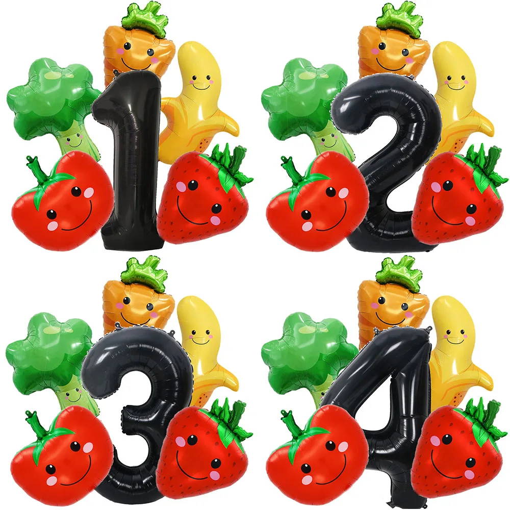 

6Pcs Fruit Vegetable Balloons Set 32inch Black Number Balloon for First Birthday Cute Fruit Vegetable Theme Party Decoration