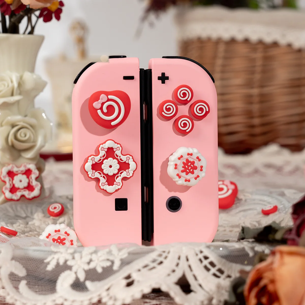 Sweet Raspberry Silicone Soft Dpad Cross Button ABXY Key Sticker Skin Case For Switch Oled NS Joy-con Thumb Stick Grip Cap Cover