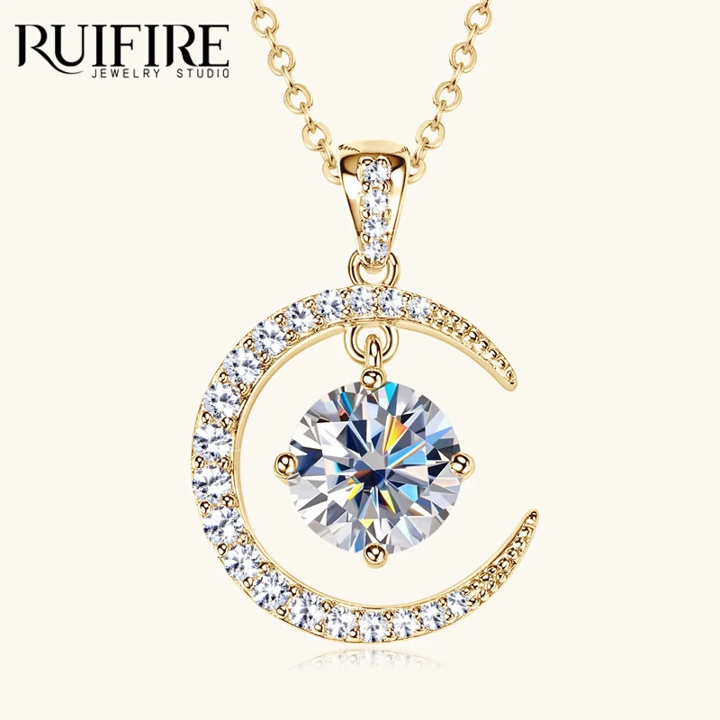 

RUIFIRE Romantic Moissanite Moon Pendant Necklace 14K Gold Plated 925 Sterling Silver Crescent Design Chain Necklaces Lady