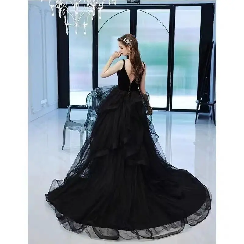 Women Elegant Party Tulle Dresses for Women Fluffy Spaghetti Strap Black Birthday Dress Long One-piece Dress Gown