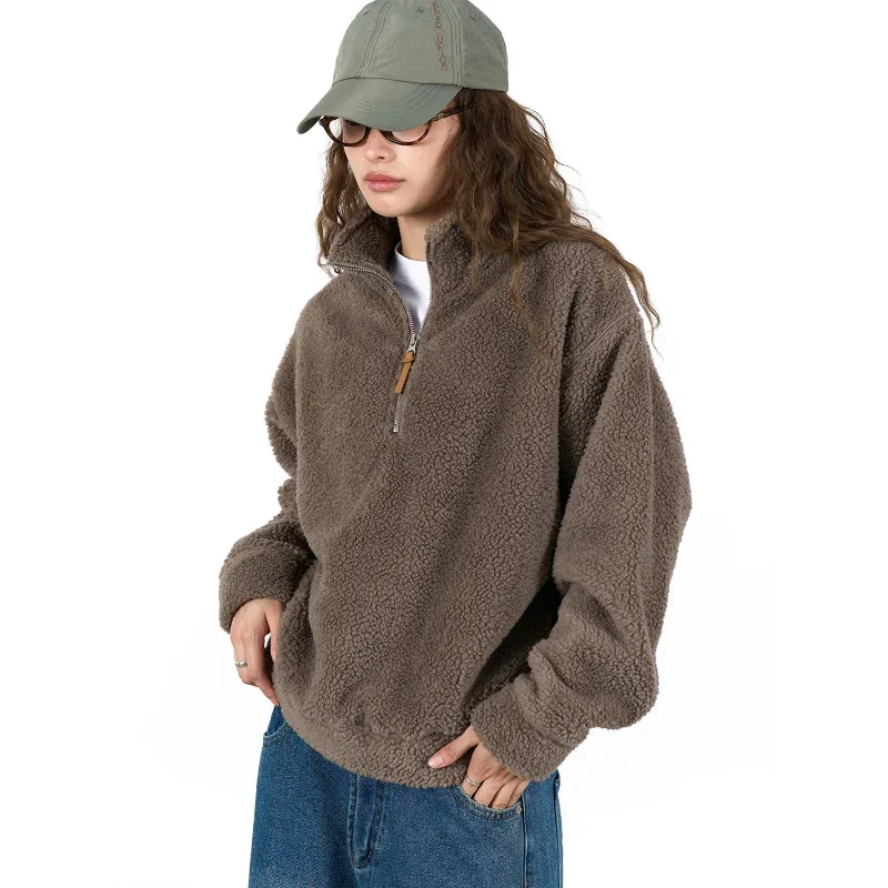 

Double-faced Lamb Wool Sweatshirts Autumn Winter Warm Tops Women Half-high Collar Lazy Loose Soft Waxy Skin-friendly Clothing