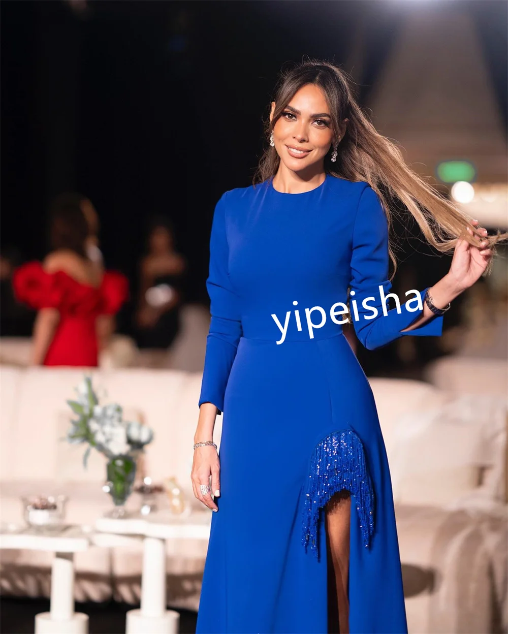 Customized Elegant Jersey Pleat Sequined A-line Jewel Long Dresses Cocktail  Chinese Style Sparkle Exquisite Fashion Matc