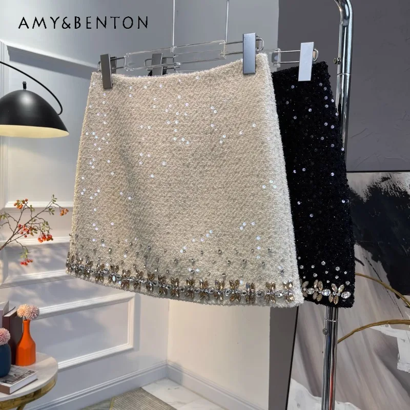 

2023 Autumn Winter New Sequined Skirt Light Luxury Temperament A-line Heavy Industry Beads Gentle High-Grade Skirts Y2k Clothes