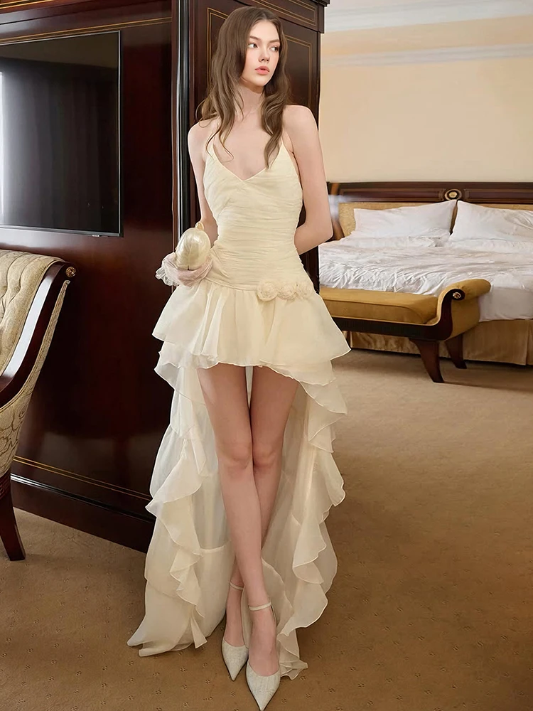 Sisterlinda vestido em camadas feminino doce sexy rosa apliques sem mangas baixo pescoço ruched bainha irregular moda férias festa vestidos