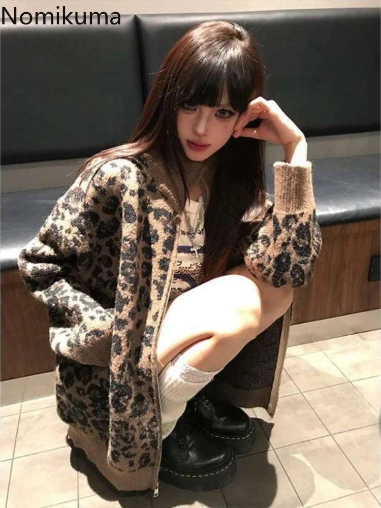 Streetwear Leopard Print Cardigan Coats Autumn Winter Clothing Stand Neck Zipper Sueter Mujer Casual Fashion Knitted Y2k Sweater