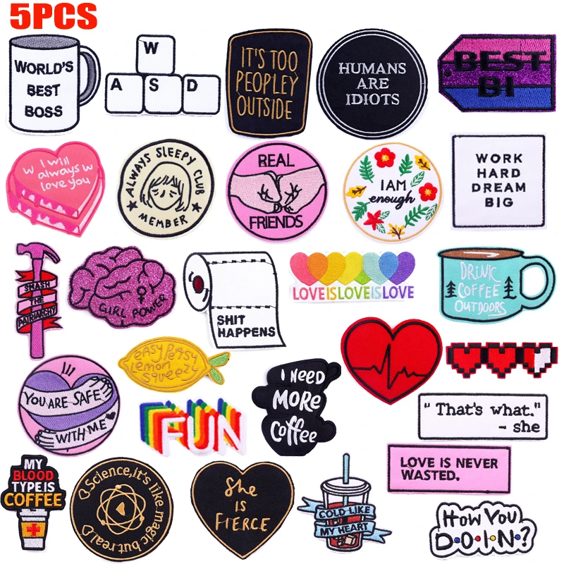 5 Teile/lose Cartoon/Liebe Herz Patch Brief Slogan Gestickte Patch Eisen Auf Patches Für Kleidung Hüte Jacken Nähen Aufkleber abzeichen