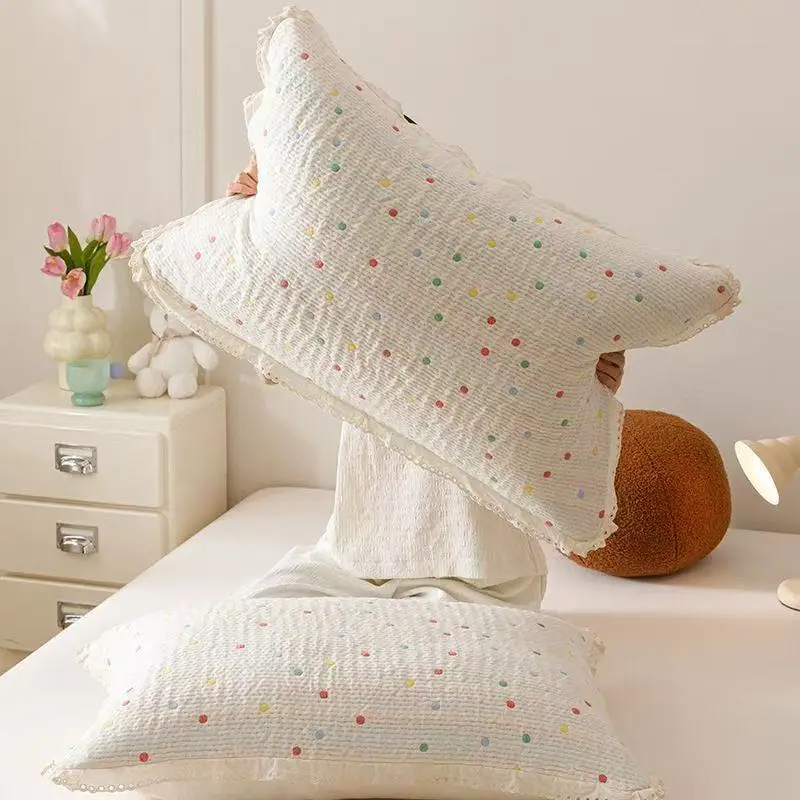 2pcs Korean Style Lace Pure Cotton Gauze Pillowcase 48x74cm Printed Adult Bedding Yarn-dyed Jacquard Pillow Cover Home Textiles