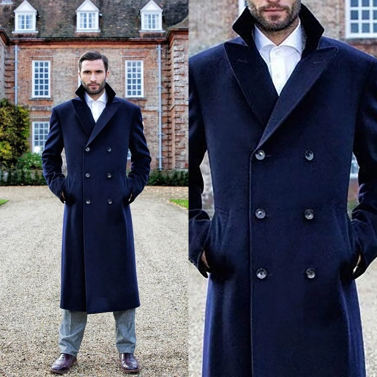 Traje azul marino para hombre, mezcla de lana, solapa con visera, chaquetas para fiesta de graduación y boda, abrigo de una pieza personalizado