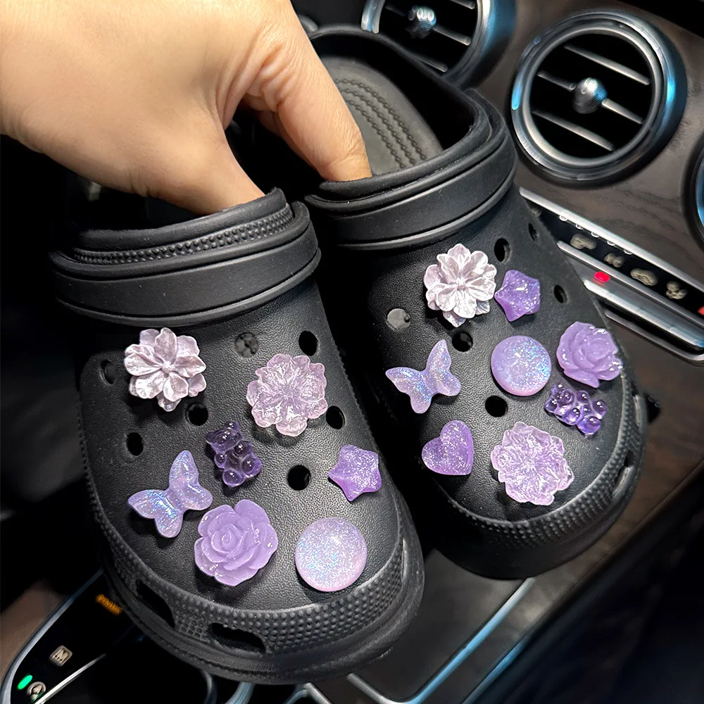 Fashionable Purple Butterfly Flower Hole Shoe Charms Decorations Cute Little Bear Shoes Buckle DIY 3D Hole Shoe Accessories
