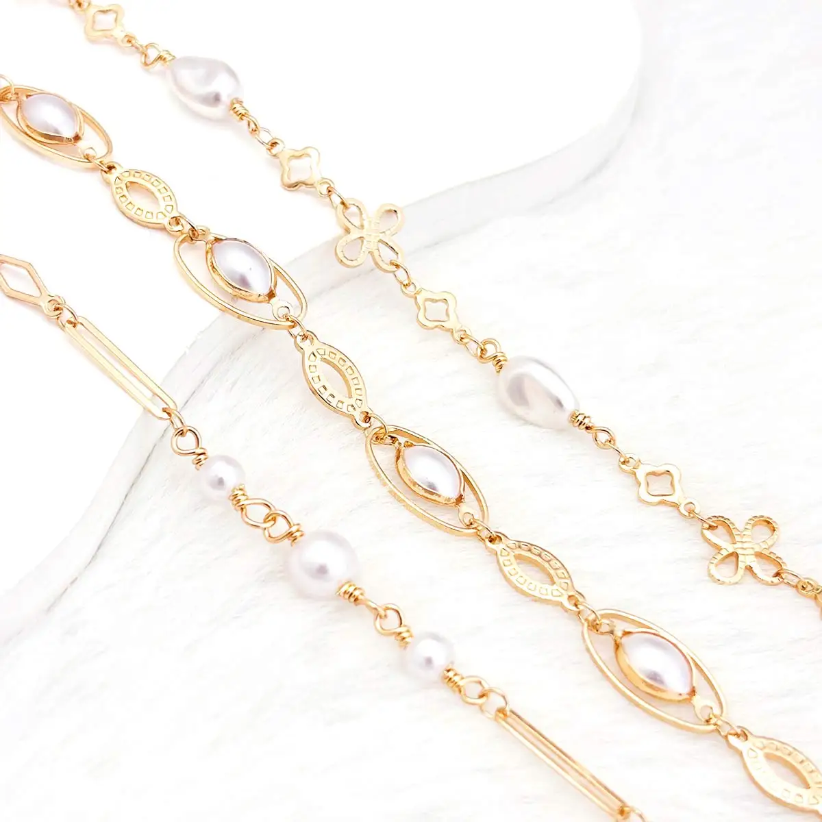 5M Gold Tone Copper Link Chain White Resin Imitation Pearl Beads Handmade Bracelet Hairpin Necklace DIY Crafts Accessories