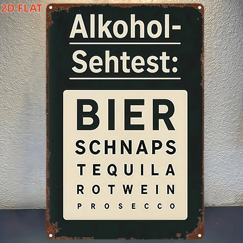 2D Flat 1Pc Metal Tin Sign, Alcohol Vision Test Beer Schnapps Tequila Red Wine Prosecco, Wrought Iron Style Wall Decor Plaque