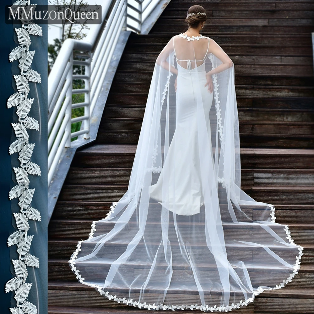 MMQ MG28 Lace Edge Long Bridal Shawls Cathedral Wedding Cape Soft Tulle Applique Leaves Cloak Bride Accessories DIY Customizable