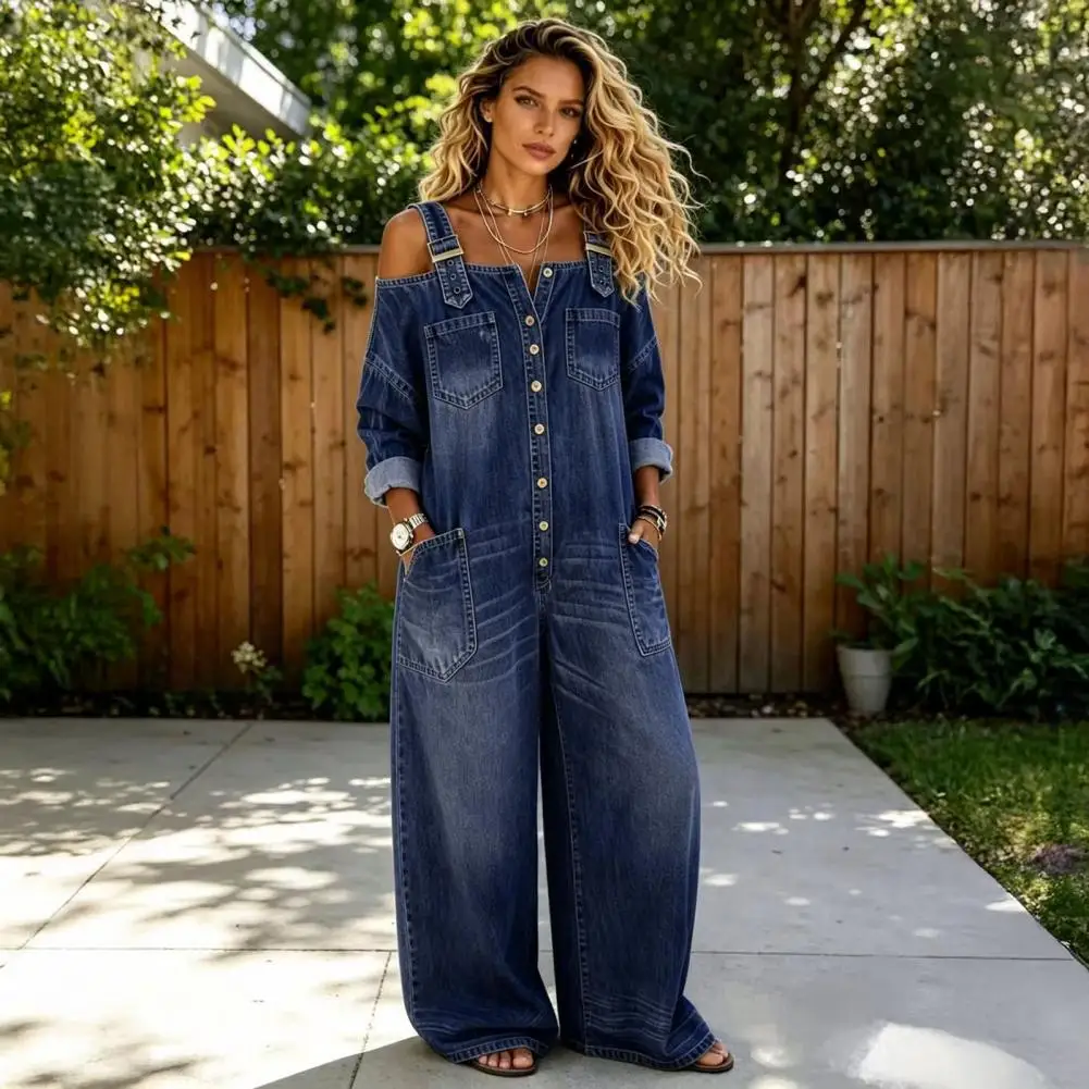 Sexy Off Shoulder Denim Overall Jumpsuit Pockets Wide Leg Playsuit