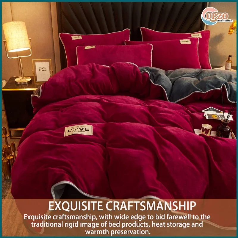 UPzo Velvet Flannel Bedding Set Plush Solid Color Duvet Cover Fluffy Reversible Plush Bedding Set Warm for Winter(3Pcs No Sheet)