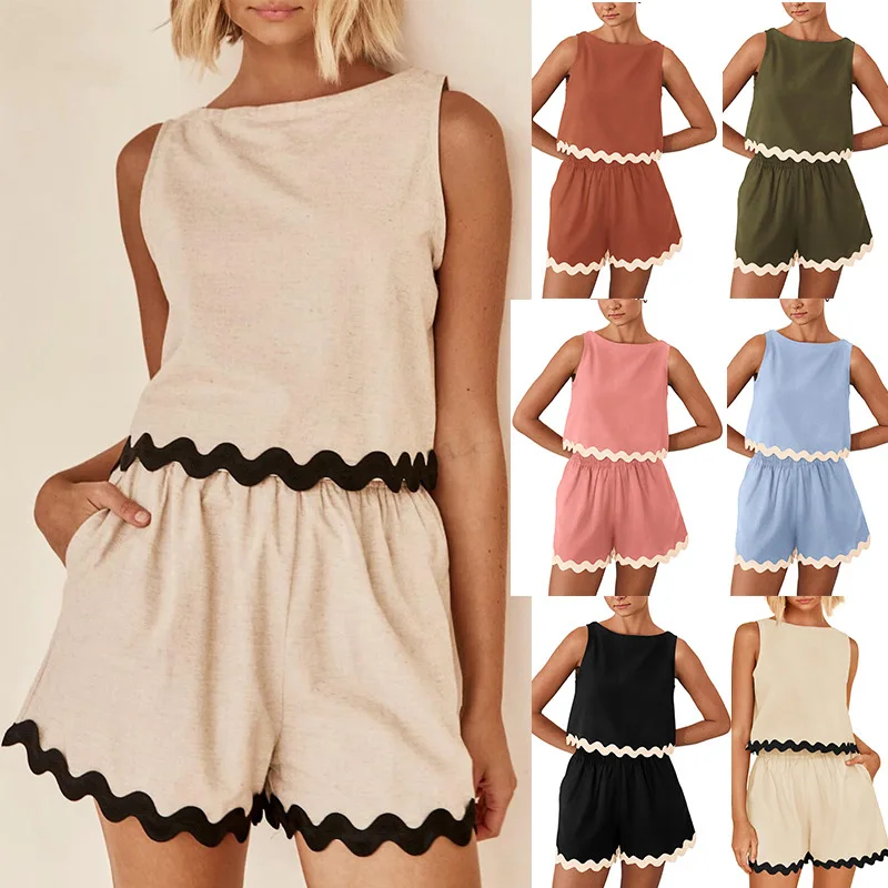 여름 웨이브 스트라이프 패치 워크 반바지 여성을위한 설정 인과 O 넥 탑 높은 허리 반바지 여성 패션 홀리데이 비치 2 조각 세트