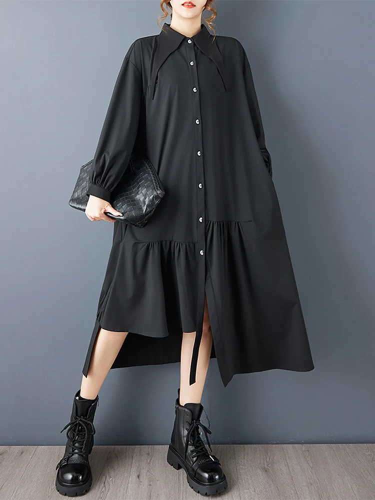 Vestidos Vintage de gran tamaño con retales irregulares para mujer, vestido camisero informal holgado de manga larga, ropa elegante para primavera y otoño 2025