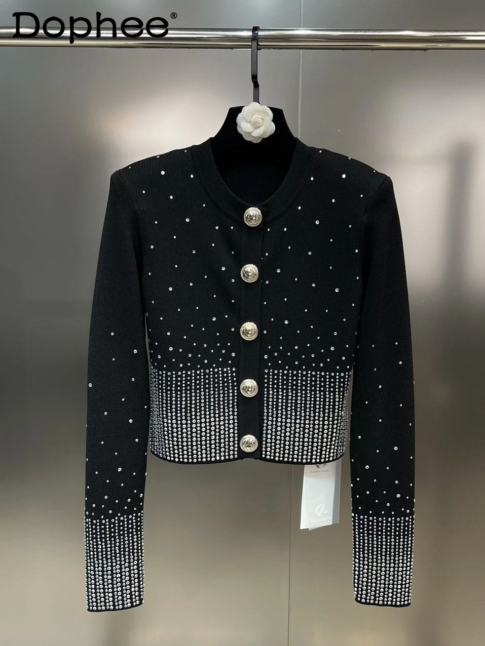 

Autumn Crew Neck Padded Shoulder Single-Breasted Long Sleeve Knitted Cardigan Rhinestone Black Sweater Women Elastic Slim Top