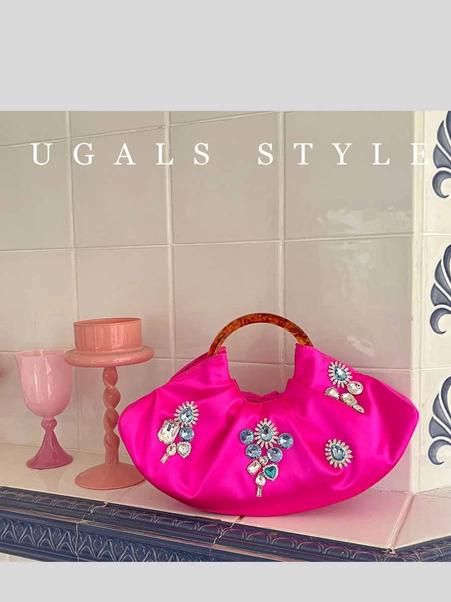 UGALS Shiny Sequin Water Diamond Foldable Dumpling Cloud Shape Silk Satin Handbag for Women Elegant Evening Clutch Bag