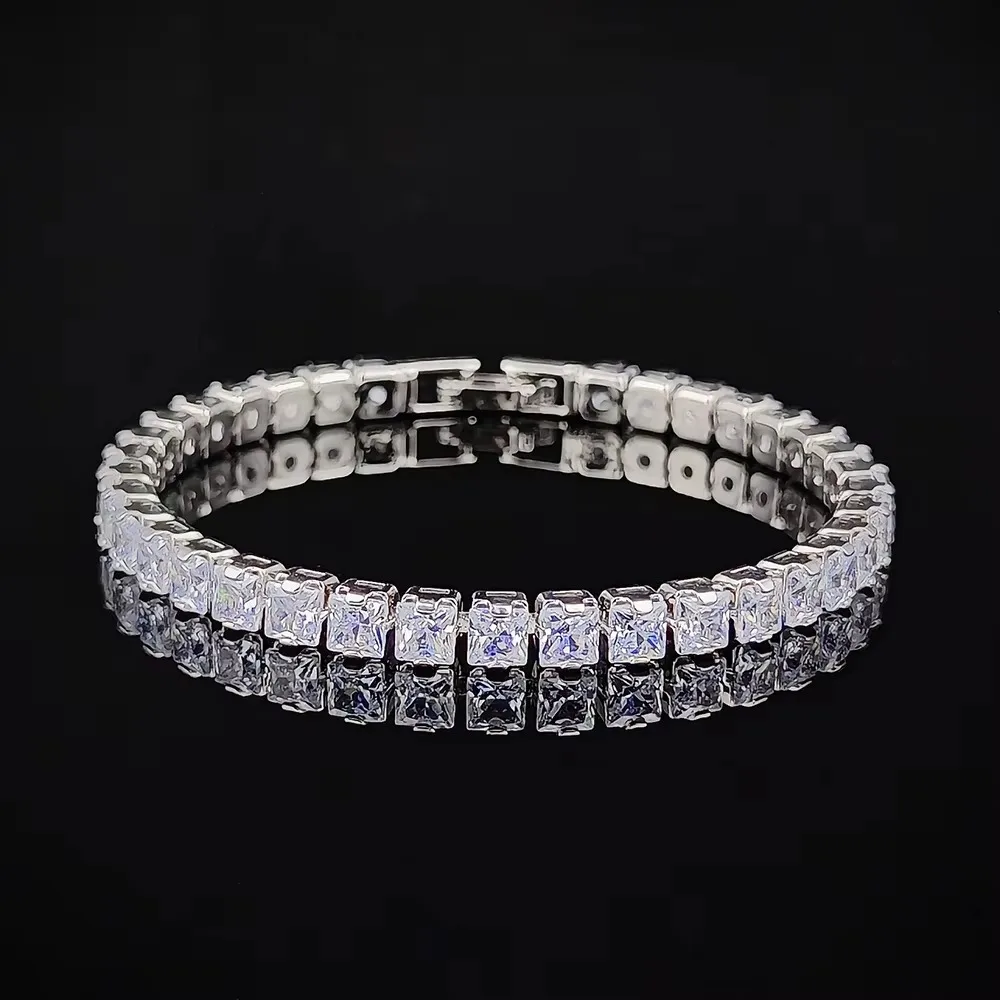 2023 New 18cm Square Princess Silver Color Tennis Bracelet Bangle on Hand for Women Anniversary Gift Jewelry Wholesale S7207