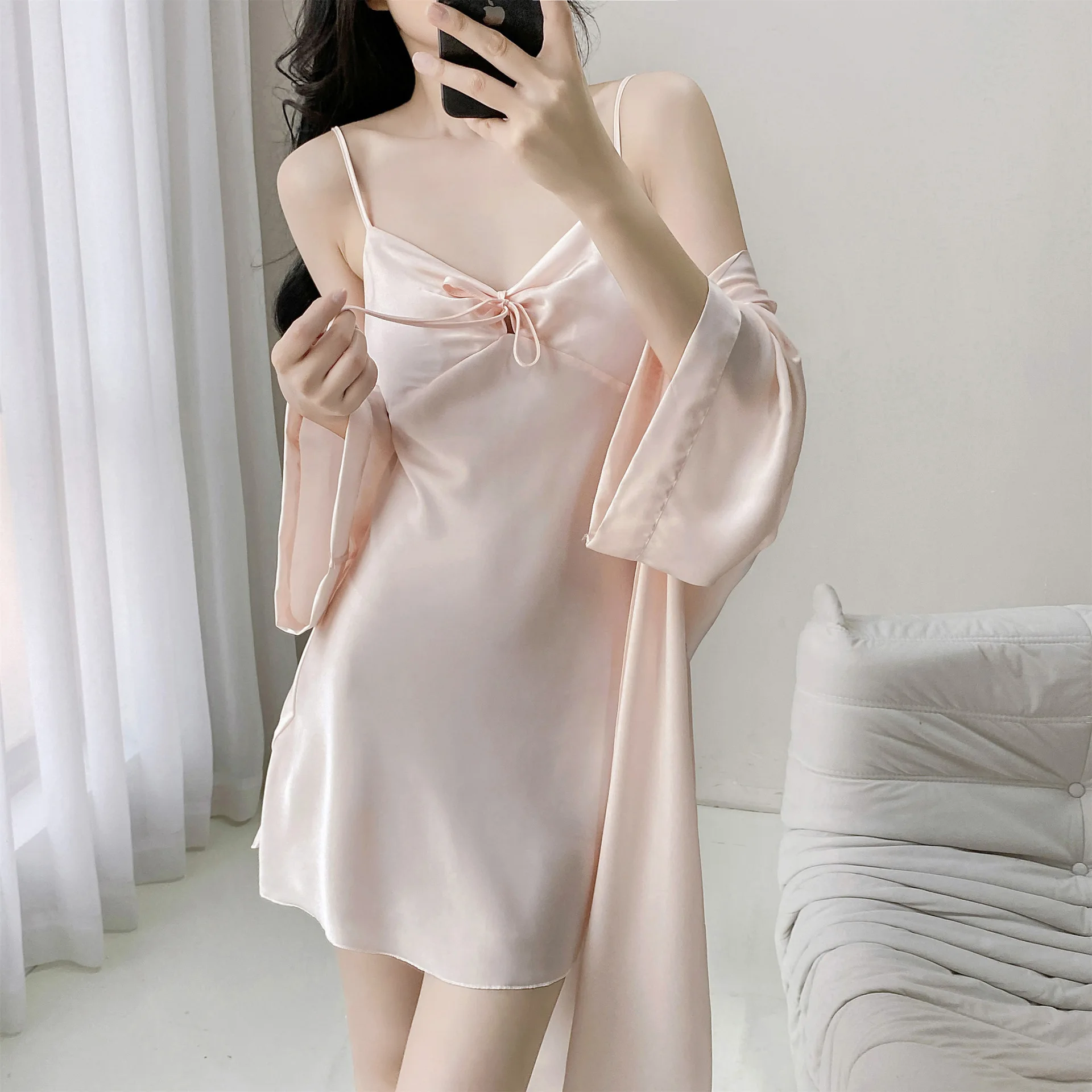 

Two-Piece Lace Robe Nightgown Set Women Bathrobe Gown Suit Lingerie Spring Summer Sleepwear Nightdress Satin Loungewear