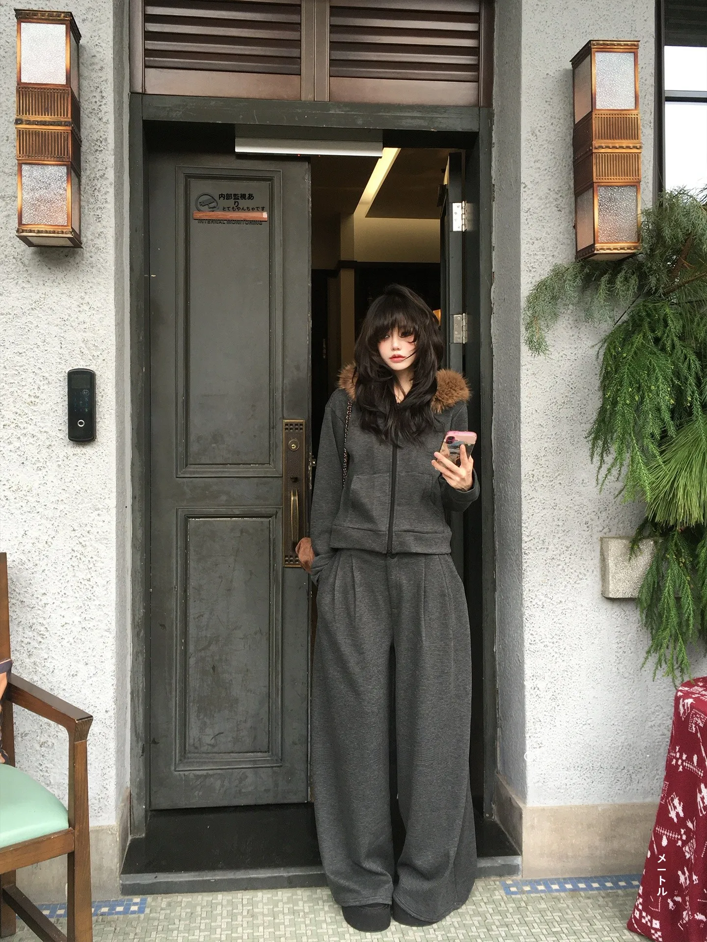 

Forlions Casual Fce-Lined Hoodie ort Sle High Waist Wide Leg Pants Striped Set Korean Sle Women's Faion Ensemble