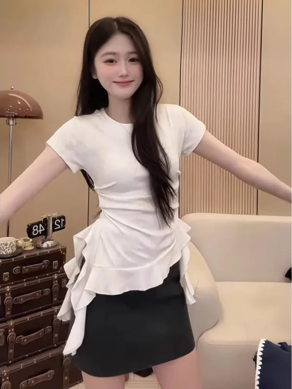 สลิมมิ่ง ort Sve เสื้อยืดสําหรับผู้หญิงขนาดบวก Ele Ruffle Hem เข็มขัดที่ไม่ซ้ํากันฤดูร้อนเกาหลี Sle เดินทาง Faion