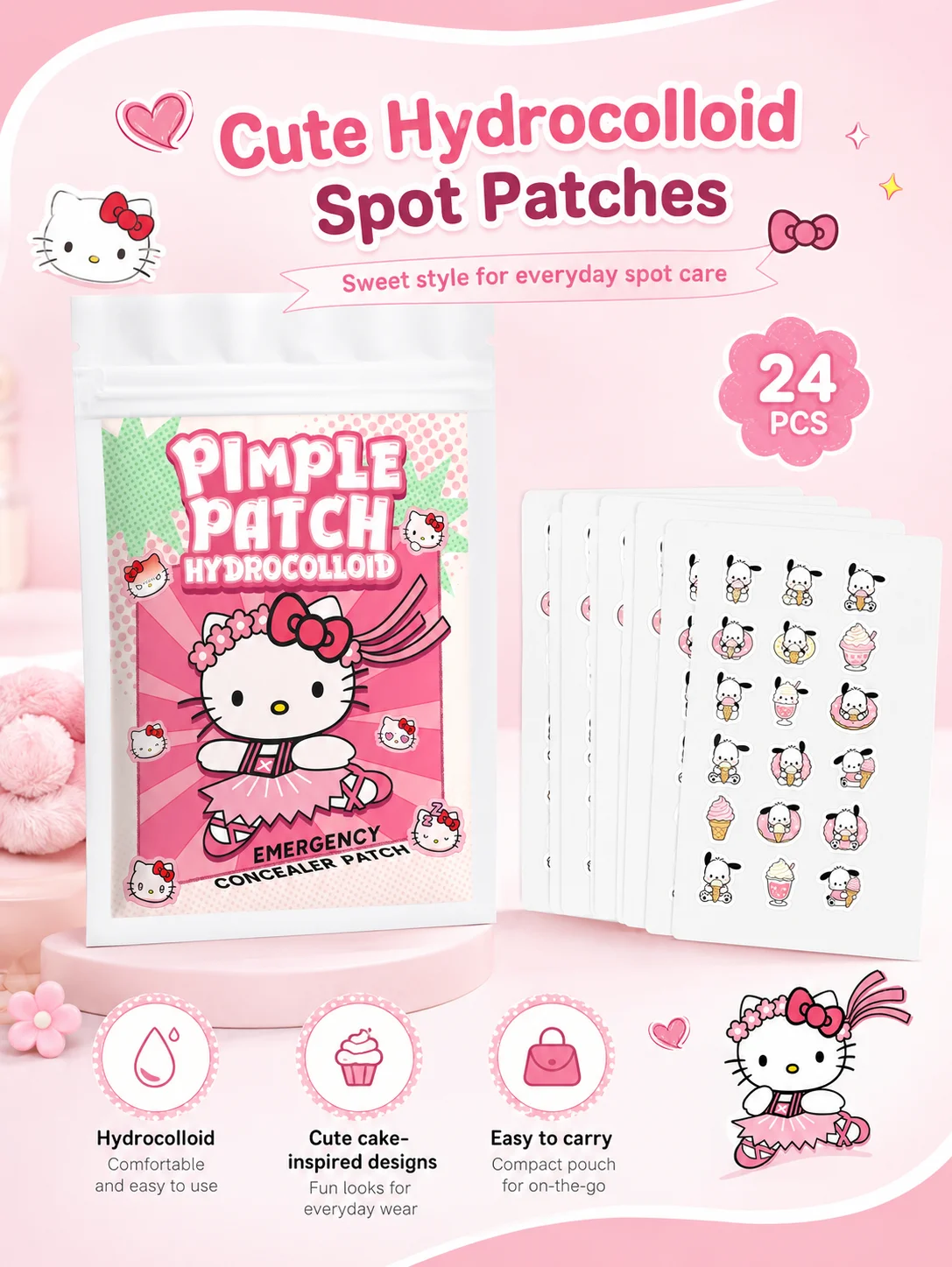 Sanrio Acne Pimple Patches, Hydrocolloid Spot Cover Stickers, Cute Face Care Patches for Daily Use