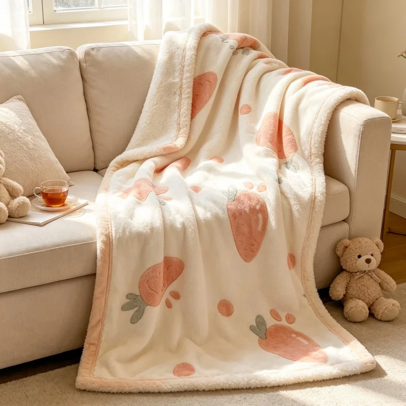 A-Level Flannel Sheep Wool Blanket Cartoon Printed Throwing Blanket |Soft and Skin Friendly Sofa Nap Blanket Four Season Bedding