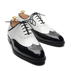 Formal Oxfords Shoes for Men White Black Real Cow Patent Leather Business Lace-up Wingtip Toe Brogue Wedding Mens Dress Shoes