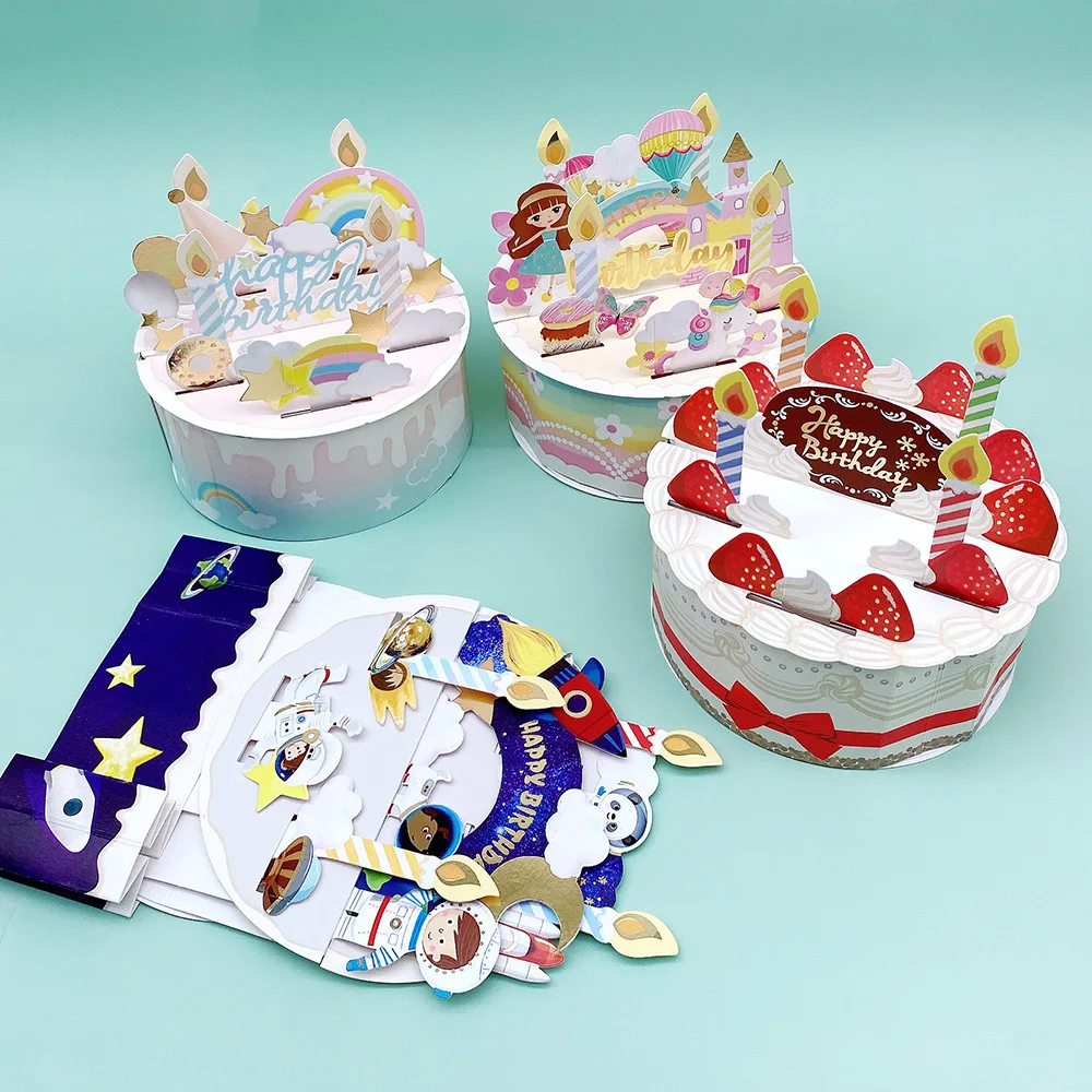 Neue Geburtstags karte 3d Pop-up-Kuchen Geburtstags karte mit Umschlag Set Erdbeer kuchen Astronaut Cartoon-Karte für Kinder Freunde Geschenke