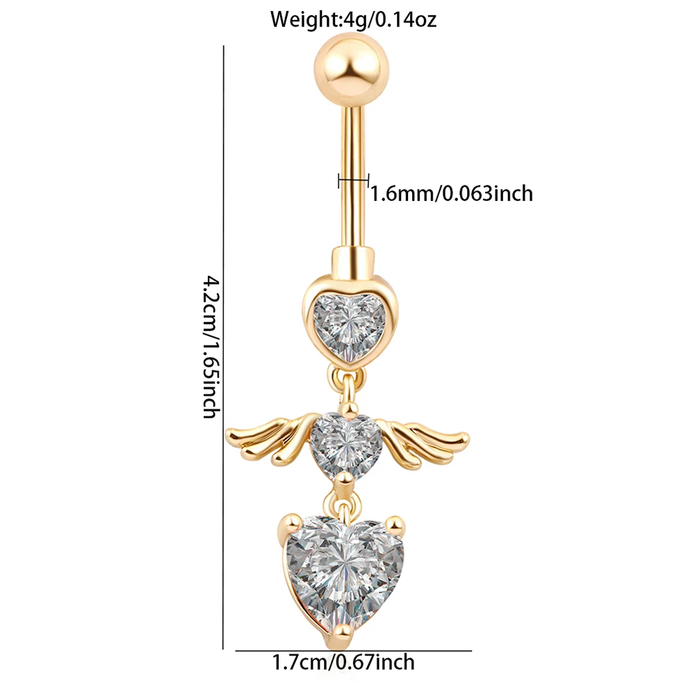 KUNIU 1pc Cute Fashion Angel Wings Heart Shape Zircon Belly Ring Women\'s Fit Piercing Body Jewelry