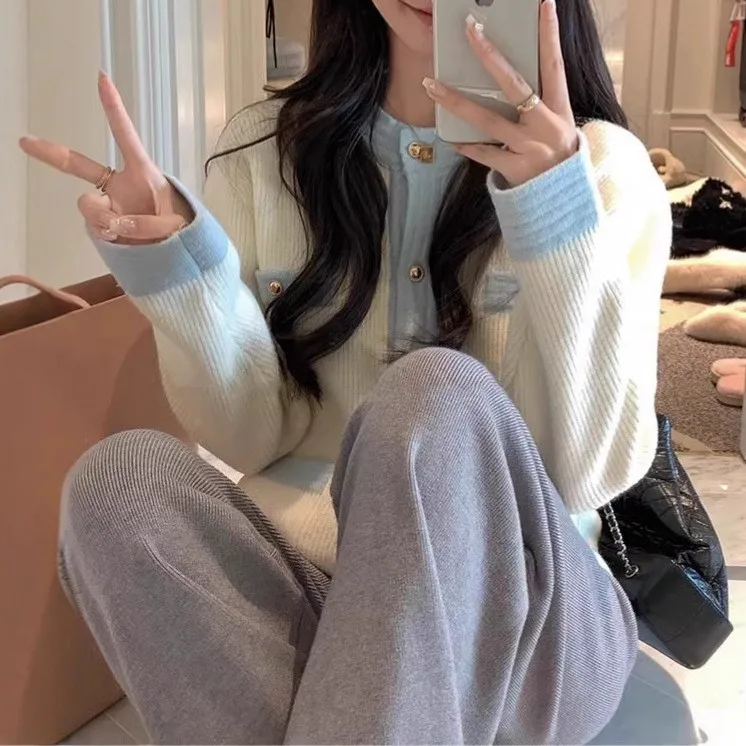 2025 신상 루즈핏 슬리밍 니트 가디건, 여성용 다용도 라운드넥 긴팔 스웨터 배색 재킷