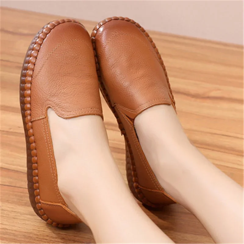 BEYARNEWomen\'s Flats Handmade Shoes  Spring Autumn Genuine Leather Ladies Shoe Flat Shoes Women Leather Retro Shoe