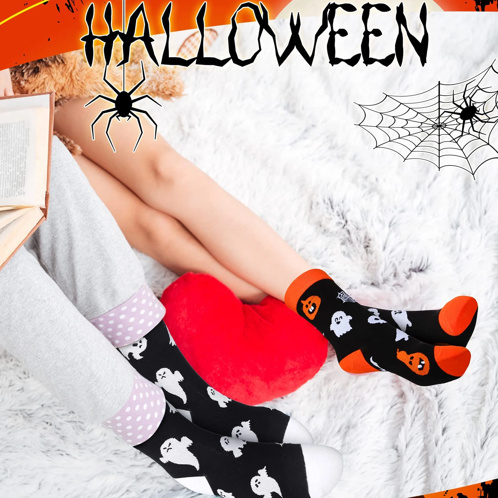 6 pasang kaus kaki Halloween kelelawar, kaus kaki kru labu menyenangkan warna-warni hadiah untuk pria wanita