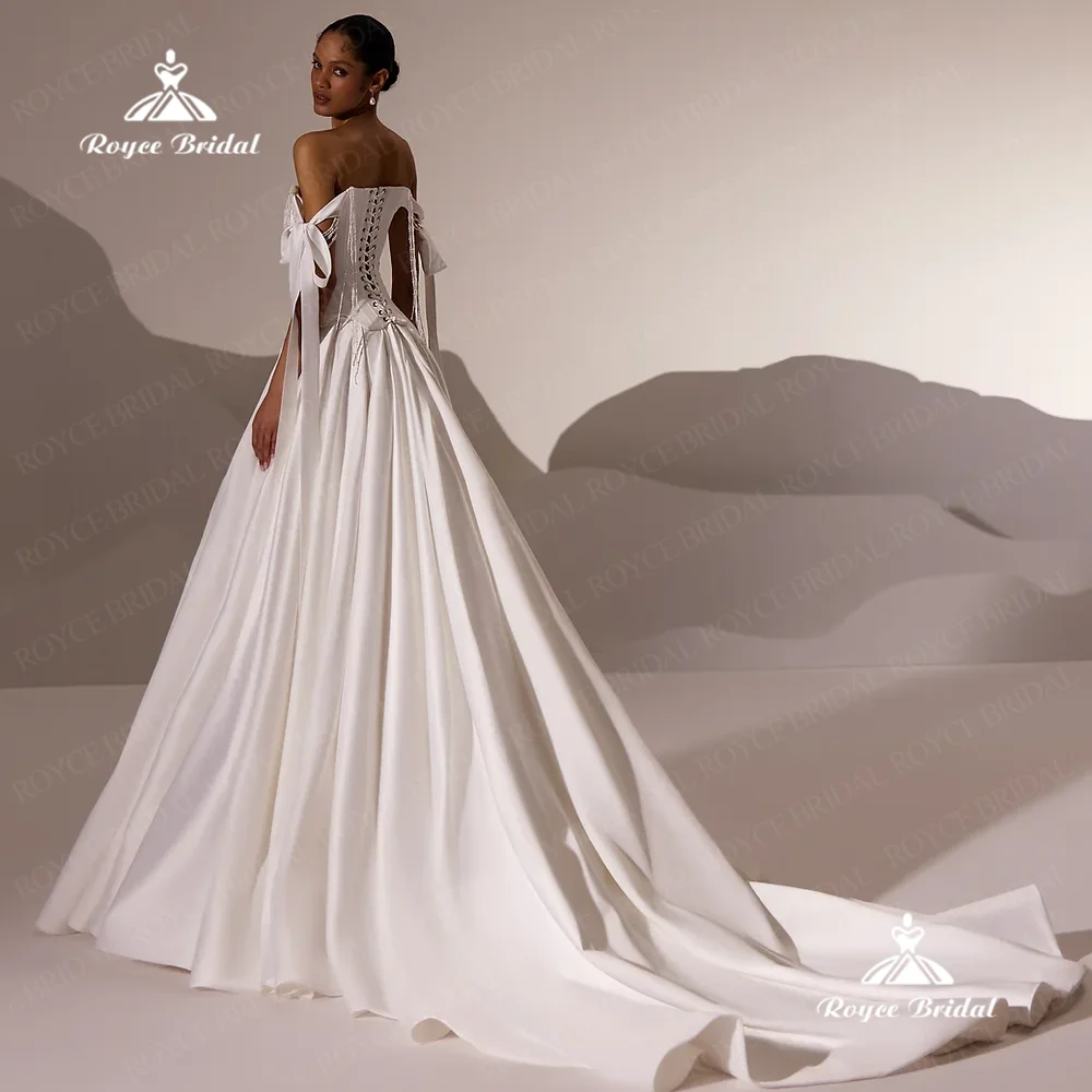 Roycebridal Boothals A-lijn Trouwjurk 2025, Satijnen Zijsplit Hofsleep Trouwjurk Aangepaste vestido de novia bodarobes de