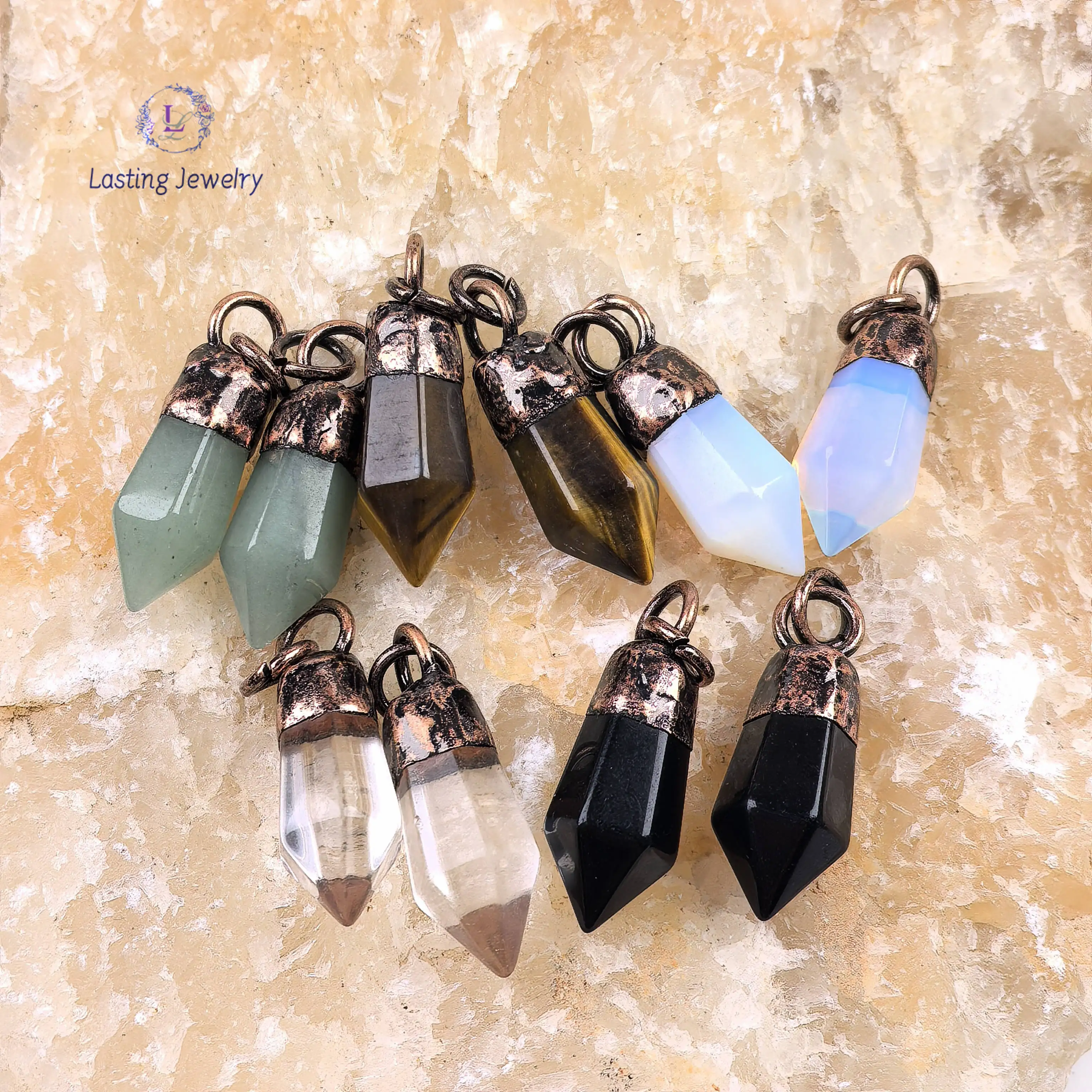 العتيقة النحاس سداسية نقطة الأحجار الكريمة المعلقات ، الريكي كريستال سبج عين النمر البندول المعلقات عقد بطرا عتيق لتقوم بها بنفسك مجوهرات