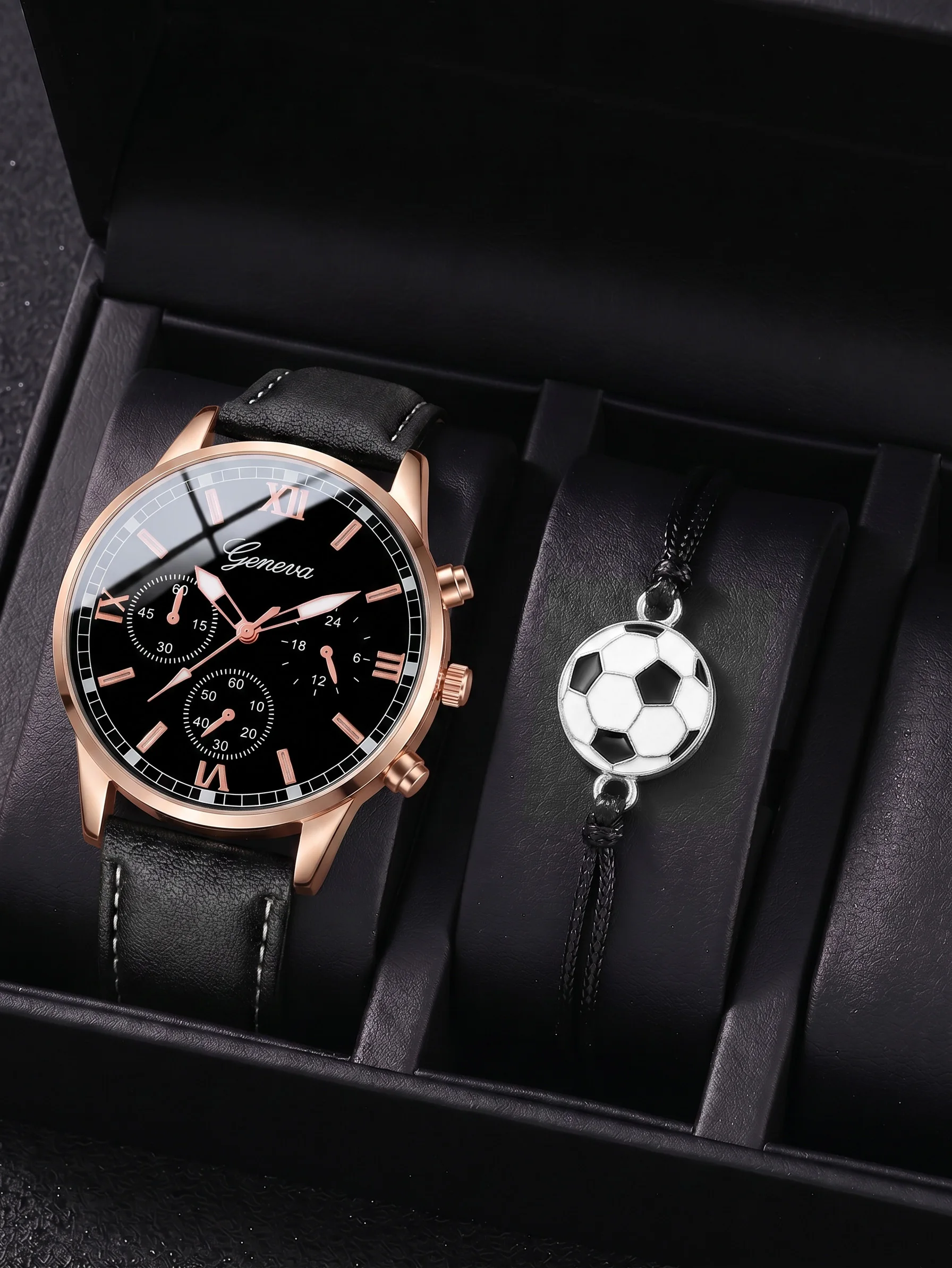 

Men's Watch & Soccer Bracelet Set, Geneva Style Leather Quartz Wristwatch for Men