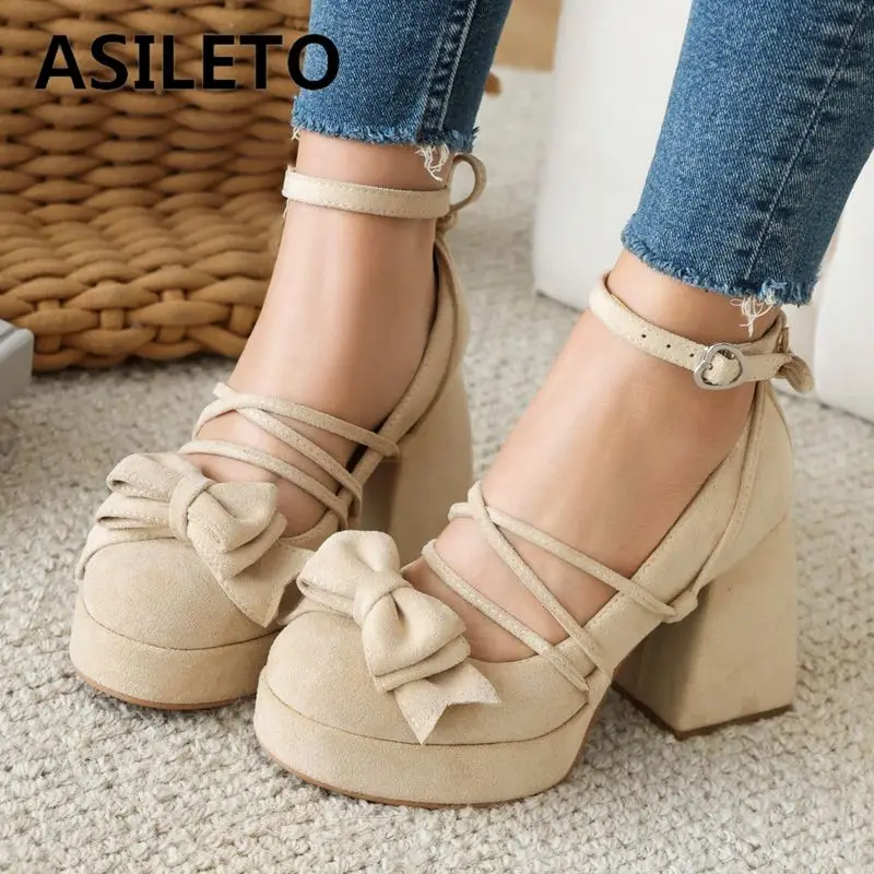 

ASILETO Lolita Style Women Pumps 32 33 Round Toe Chunky High Heels 9cm Platform Bowknot Ankle Strap Big Size 44 45 Sweet Shoes