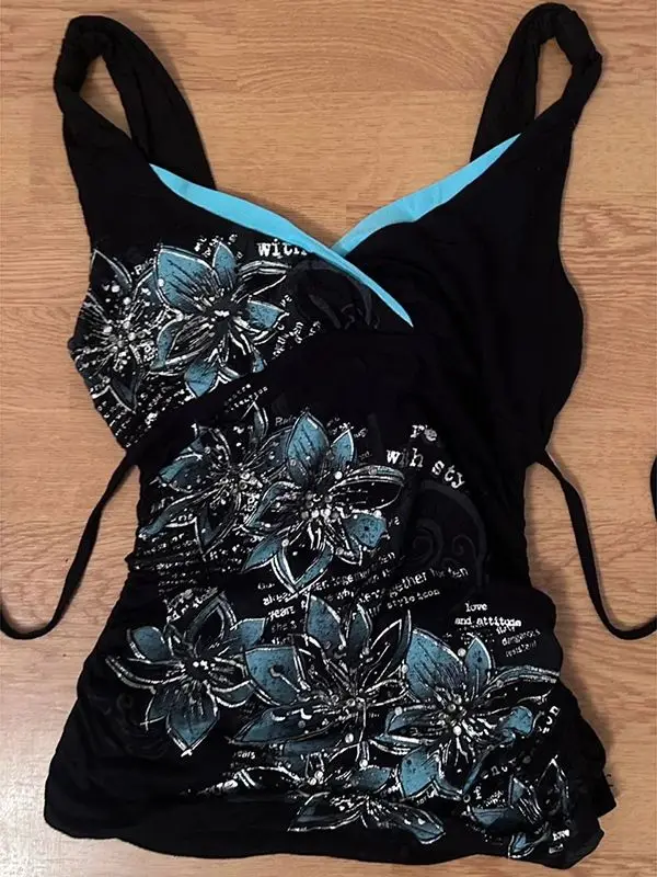 Vintage Black Print Patchwork Streetwear Tanks Women Grunge Bandage Fairy Camisole Summer Harajuku Sexy Y2k Aesthetic Tank Top