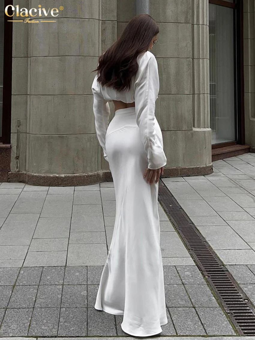 Clacive Sexy White Satin 2 Piece Sets Women Outfit 2024 Fashion Long Sleeve Crop Top With High Waist Long Skirts Set Streetwear