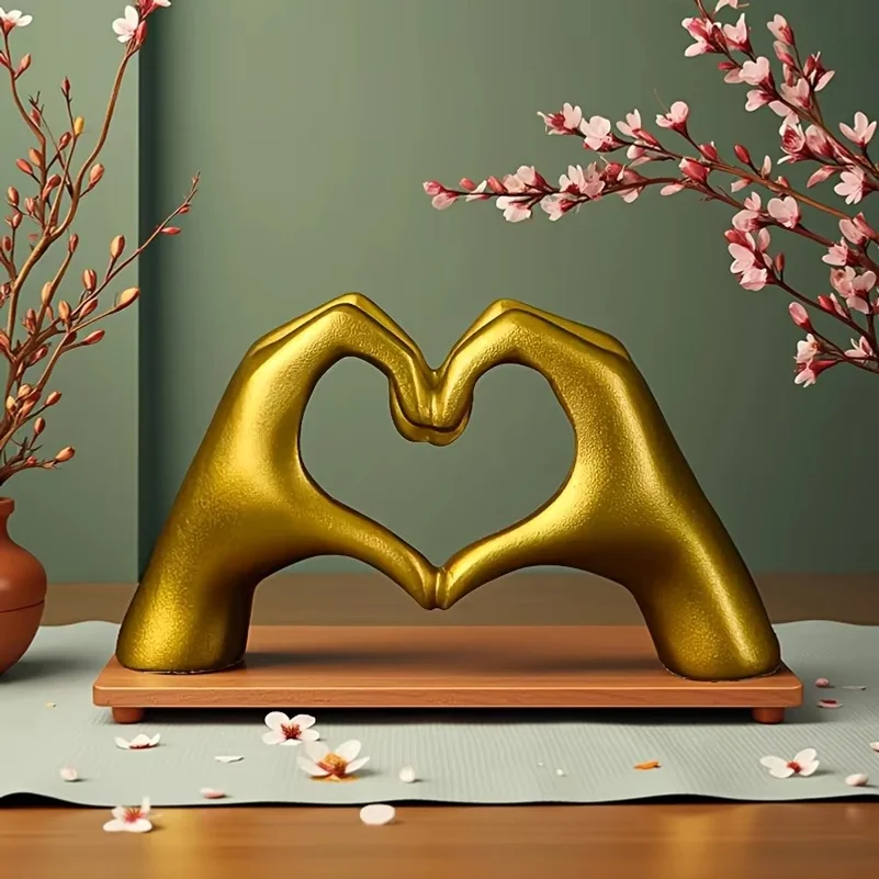 Gold Decoration, Heart Hand Statue Living Room Bedroom Decoration, Love Finger Modern Hand Gesture Sculpture Home Shelf Desktop