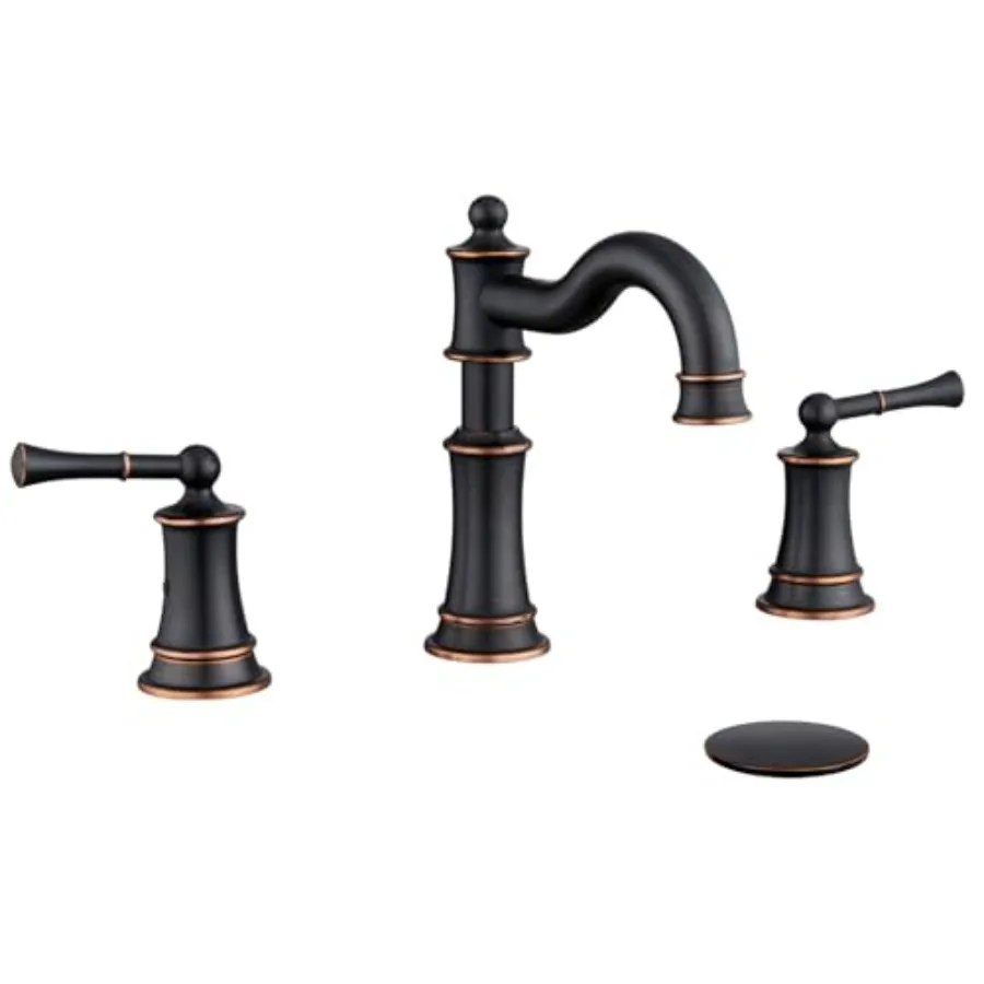 

Bathroom Sink Faucet, Roman Stlye Rotated Spout Vanity Basin Faucets 3 Hole 2 Handle 8 inch Widespread Deck Mount Brass Faucet