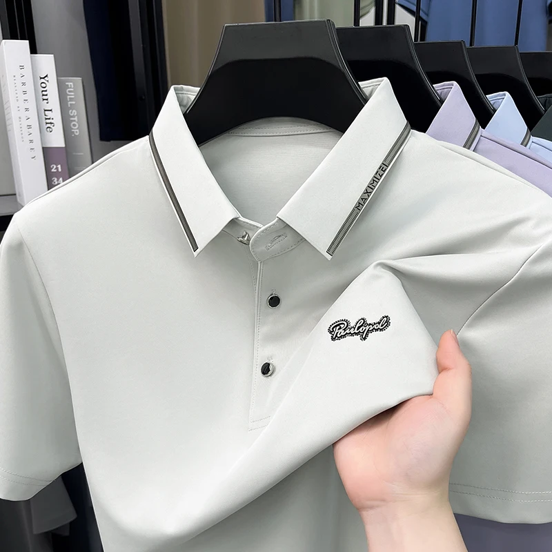 High end brand men's polo shirt short sleeve summer new fashion letter embossed luxury ice silk breathable casual lapel T-shirt